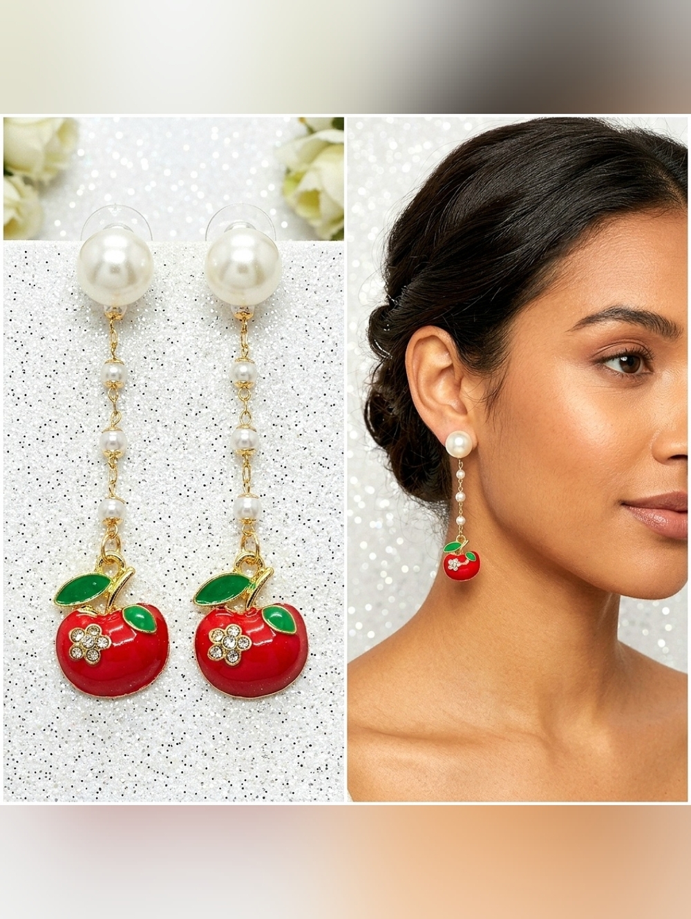Gold-plated Crystal Pearl apple drop earrings with silver post BOGO